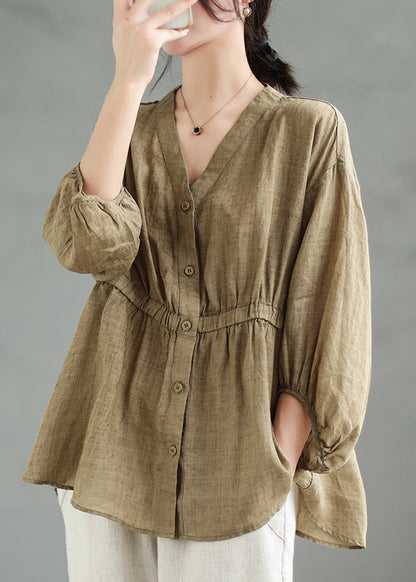 Loose Coffee Button Linen Shirt Bracelet Sleeve