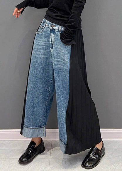Blue Chiffon Patchwork High Waist Dnime Straight Pants Spring