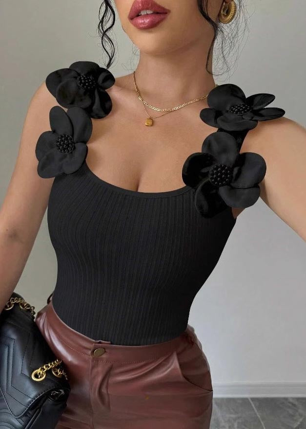 Silm Fit Black Decorated Cotton Tops Summer