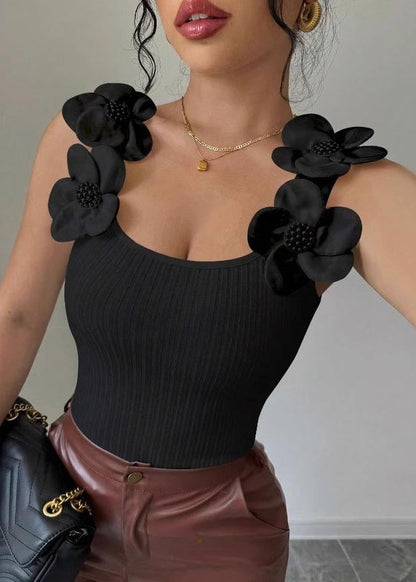 Silm Fit Black Decorated Cotton Tops Summer