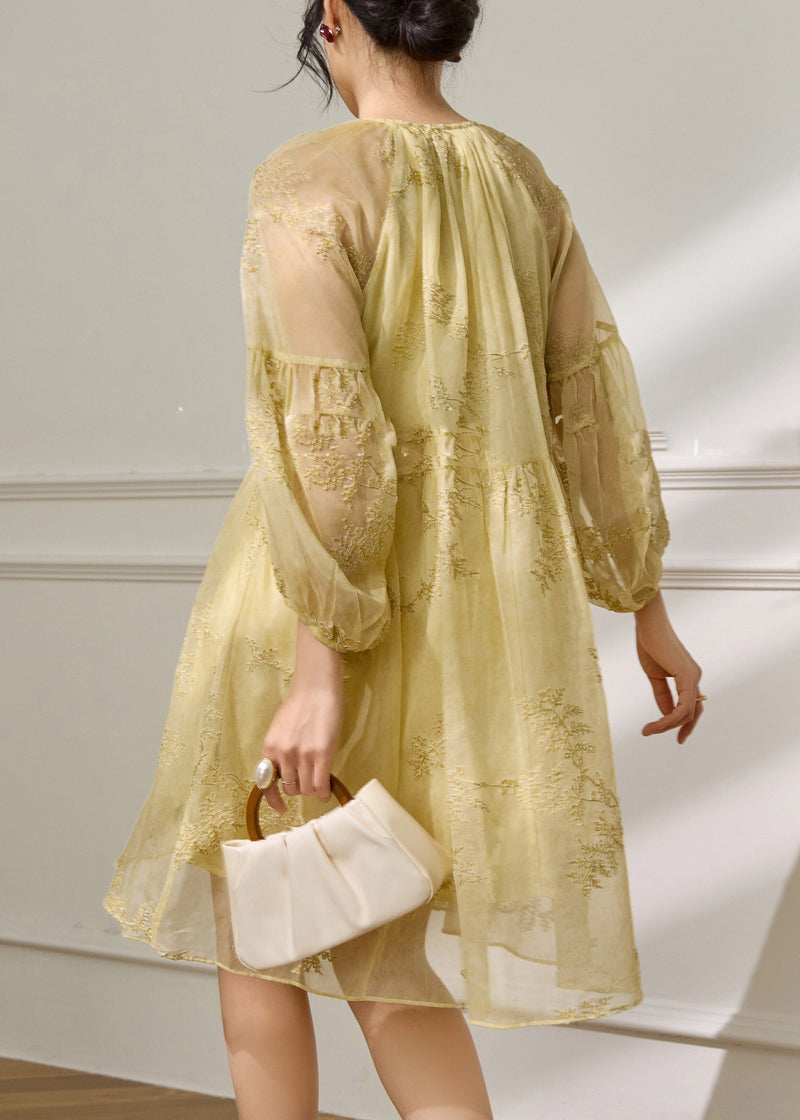 Fine Yellow V Neck Tie Lace Chiffon Mid Dress Spring