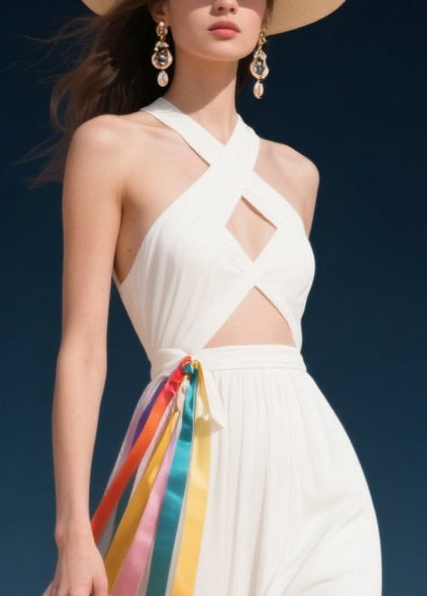 White Cold Shoulder Multicolour Ribbon Chiffon Halter Dress Summer
