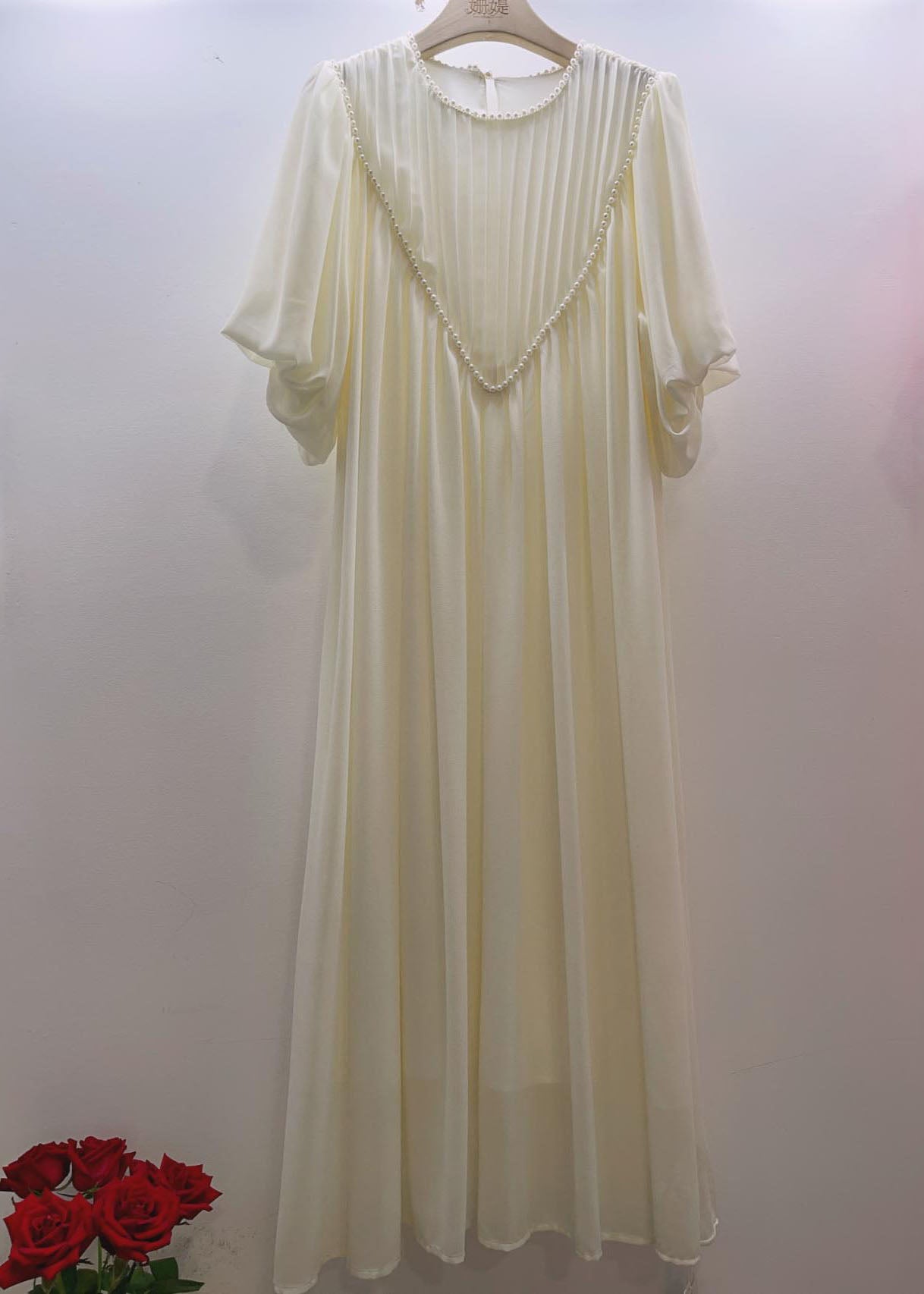 Pink O-neck Wrinkled Nail Bead Long Traveling Dresses Spring