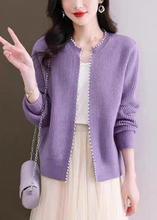 Purple Nail Bead Knit Fall Cardigan O Neck