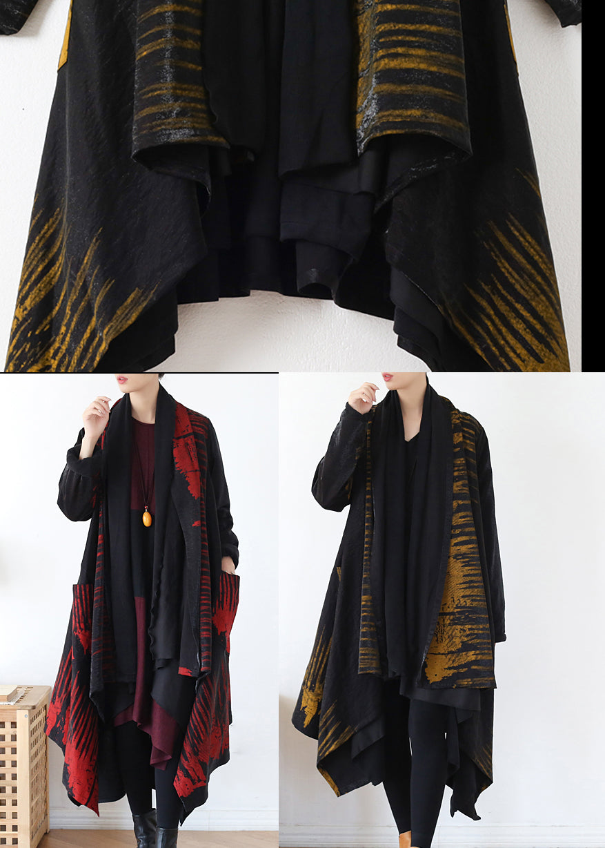 Style Yellow Asymmetrical Print Trench Coats Long Sleeve