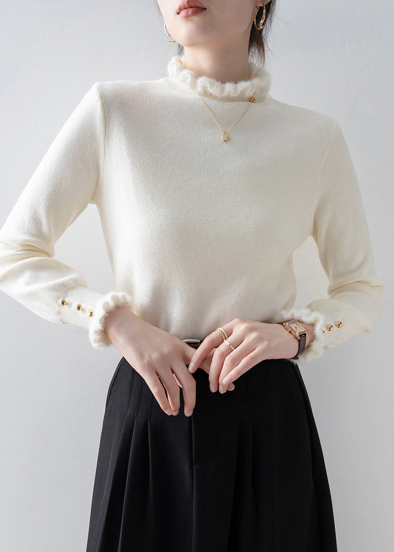 White Ruffled Patchwork Faux Fur Sweaters Winter