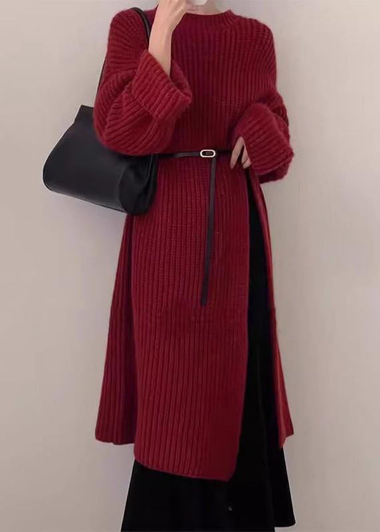 Red O Neck Side Open Knit Long Sweater Spring