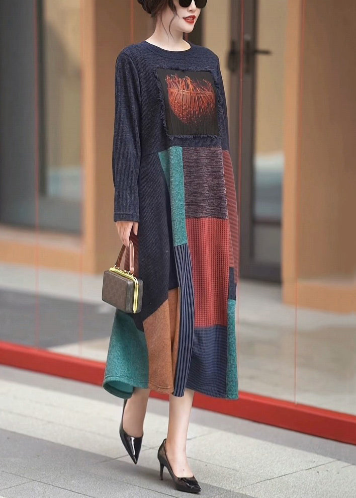 New Navy O-neck Patchwork Knit Long Dresses Winter