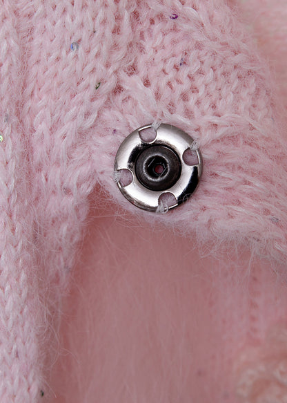 Pink Fox Fur Button Patchwork Knit Sweater