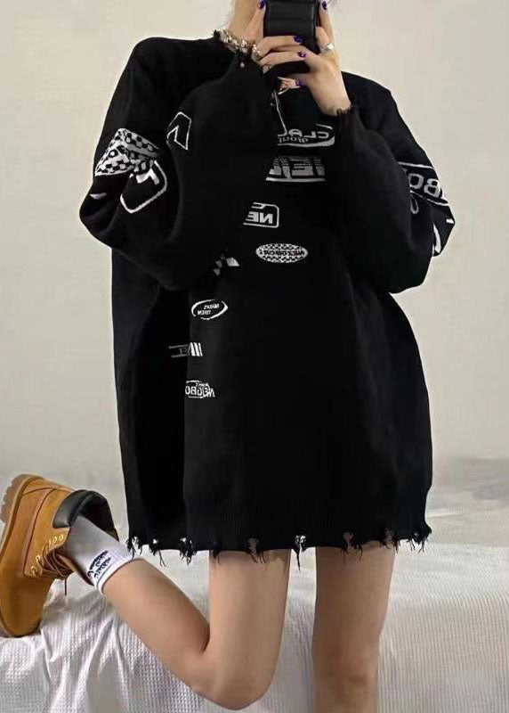 Black O-neck Graphic Loose Fall Knit Sweaters