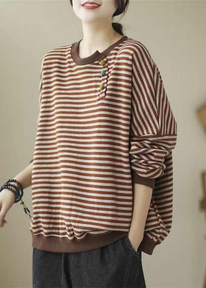 Loose Green Striped Patchwork O-neck Sweatshirt Long Sleeve