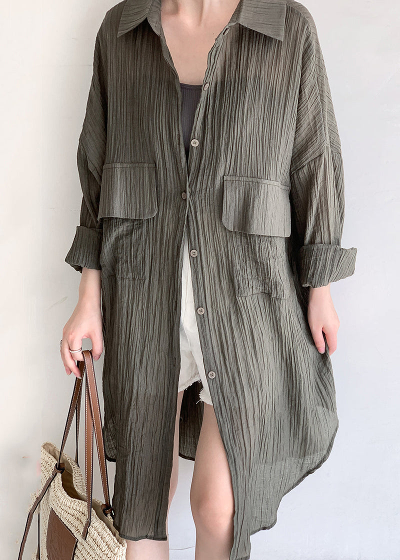 Army Green Button Patchwork Cotton Long Top Fall