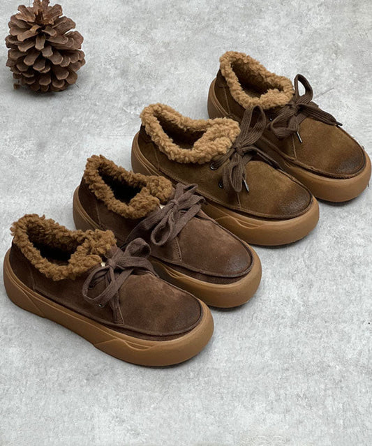 Chocolate Flats Lace Up Flat Shoes for Fuzzy Wool Lined