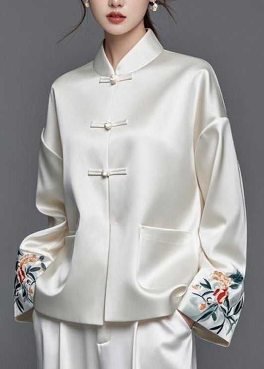 Modern White Embroidered Patchwork Silk Cotton Spring Coats