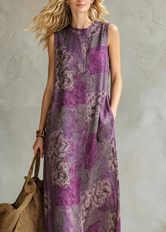 Retro Purple Pockets Patchwork Maxi Dress Summer