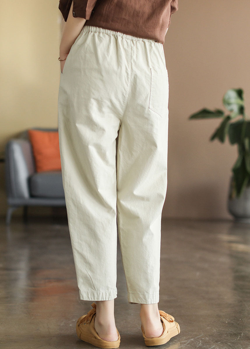 Handmade Beige Elastic Waist Pockets Pants Spring