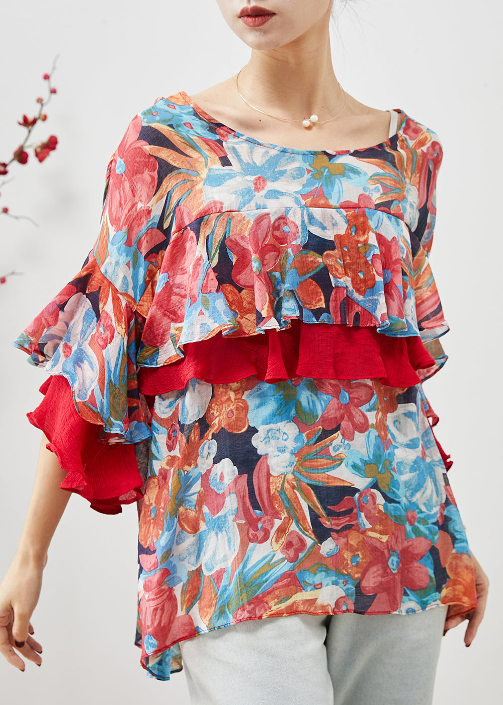 Print Patchwork Ruffles Chiffon Blouses Spring