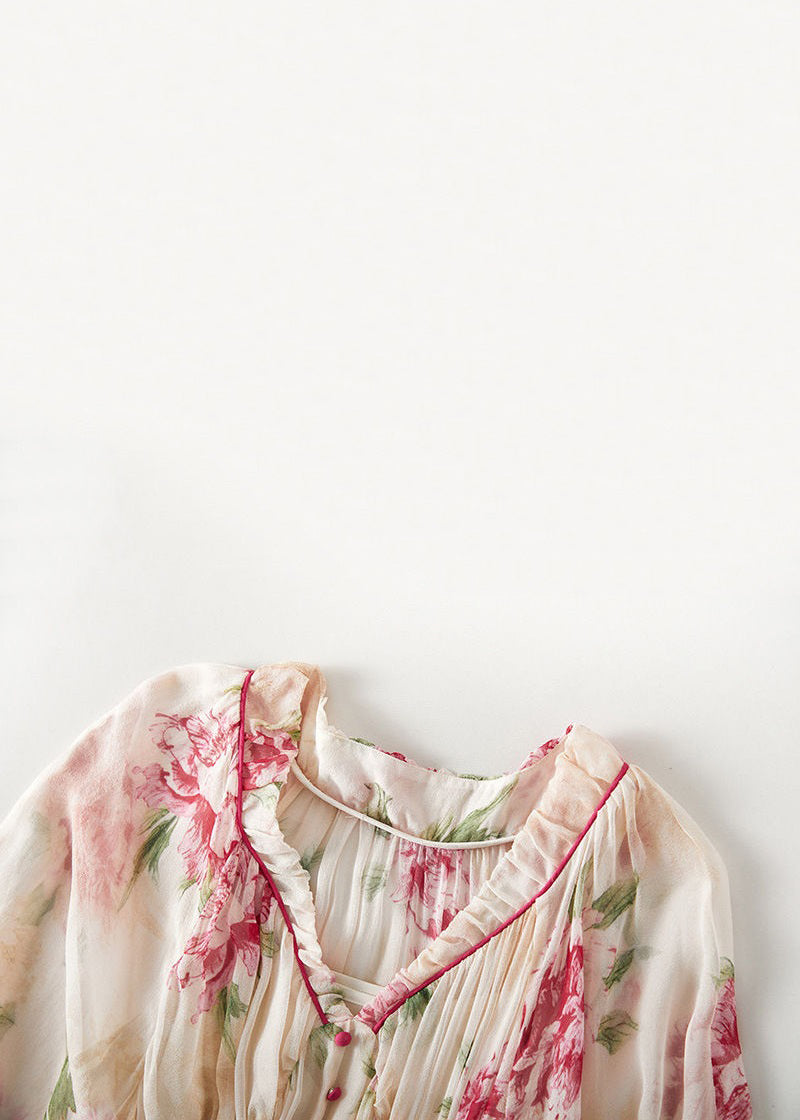 Apricot V Neck Print Wrinkled Chiffon Two Pieces Set Spring