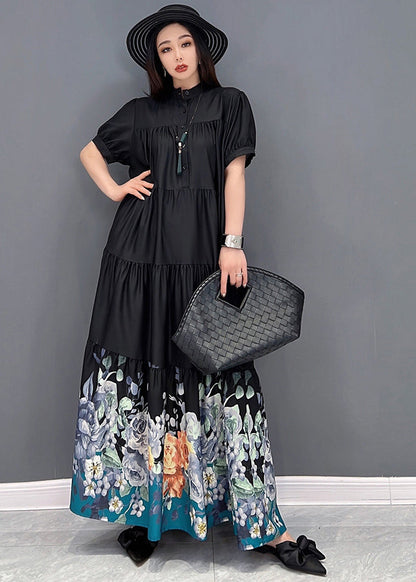French Black Stand Collar Print Wrinkled Patchwork Cotton Long Dress Short Sleeve