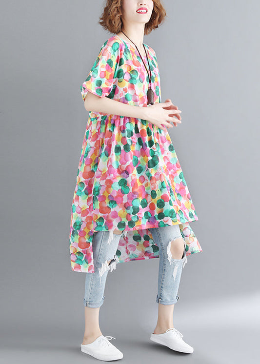 French O-neck Cinched Dot Print Low High Design Dress Short Sleeve