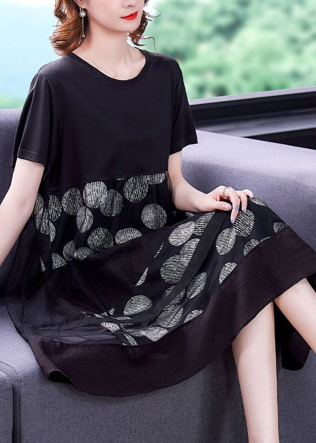 Loose Black O-neck Patchwork Tulle Cotton Fake Two Piece Dress Summer