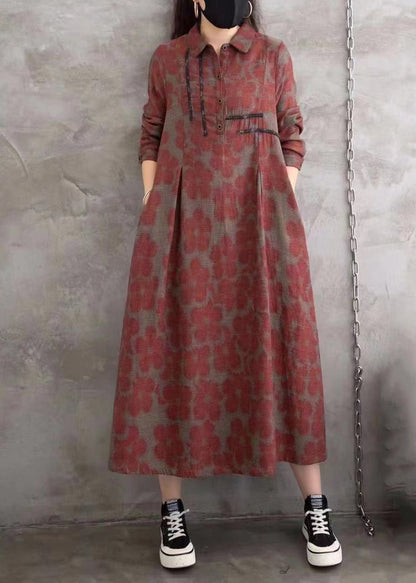 Blue Peter Pan Collar Print Wrinkled Button Long Shirts Dress Spring