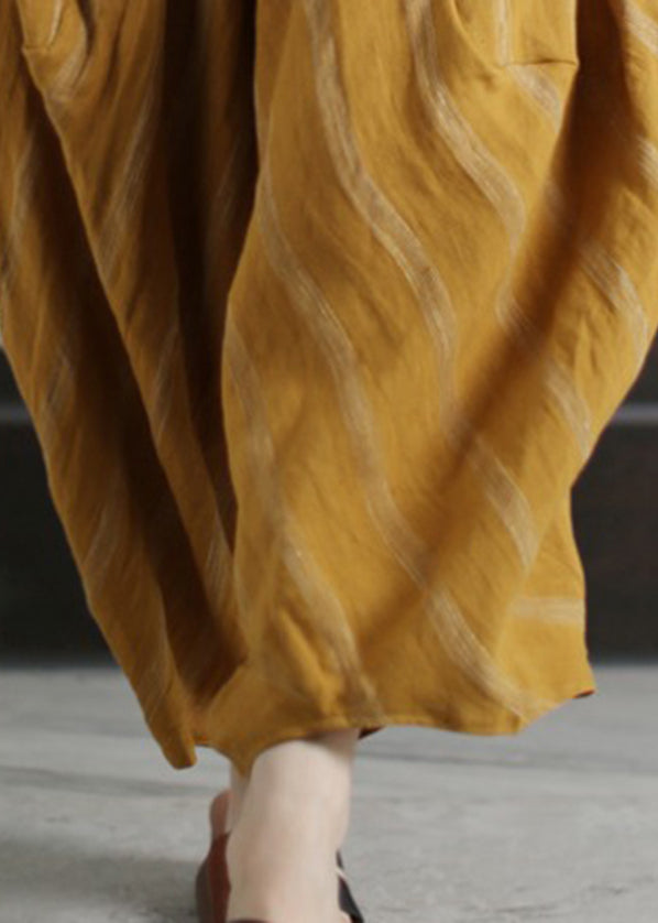 Yellow Pockets Linen Tops and Harm Pants Two Piece Outfit Three Quarter Sleeve