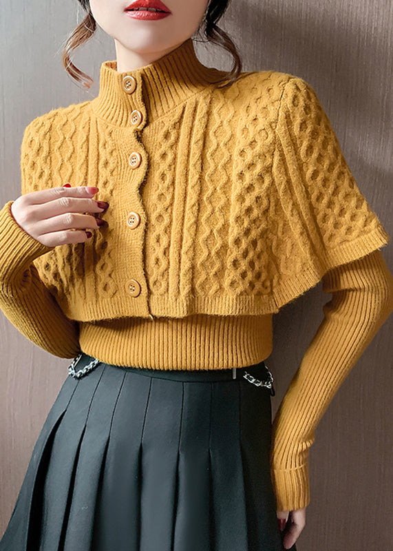 Orange Turtleneck Cable Knit Wraps and Sweaters Two Pieces Set Fall