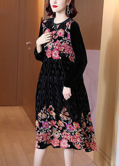 Organic Black O-neck Patchwork Print Velour Dresses Spring