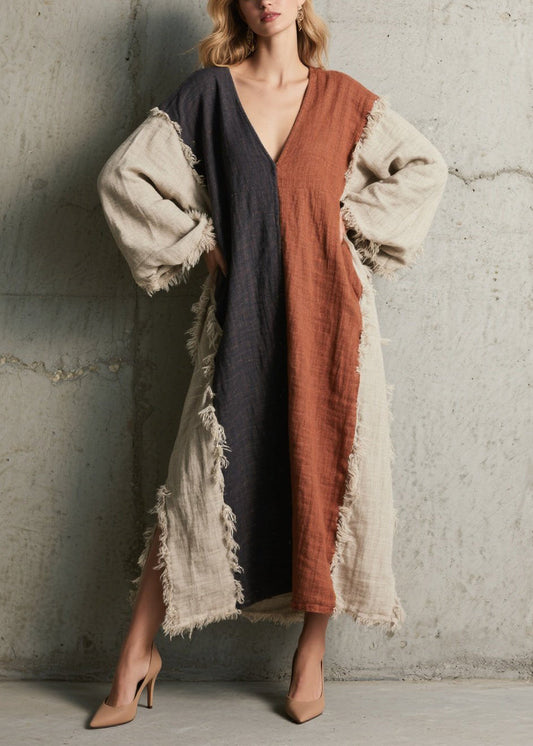 Colorblock V Neck Tassel Patchwork Cotton Dress Fall