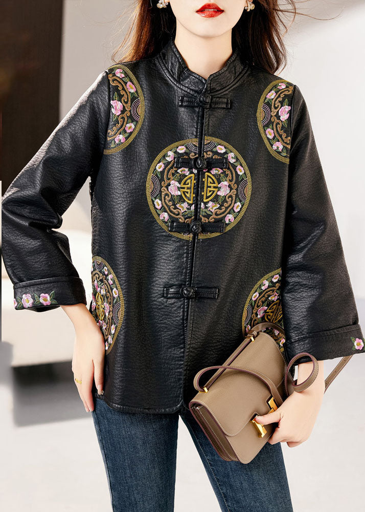 Black Stand Collar Embroideried Button Faux Leather Coats Fall