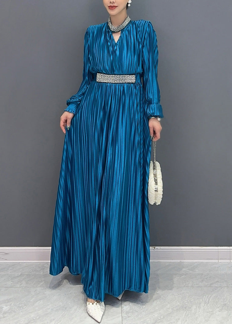 Blue V Neck Wrinkled Maxi Dress Long Sleeve