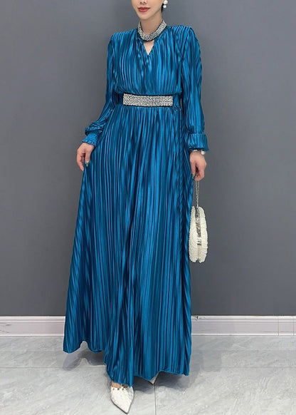 Blue V Neck Wrinkled Maxi Dress Long Sleeve