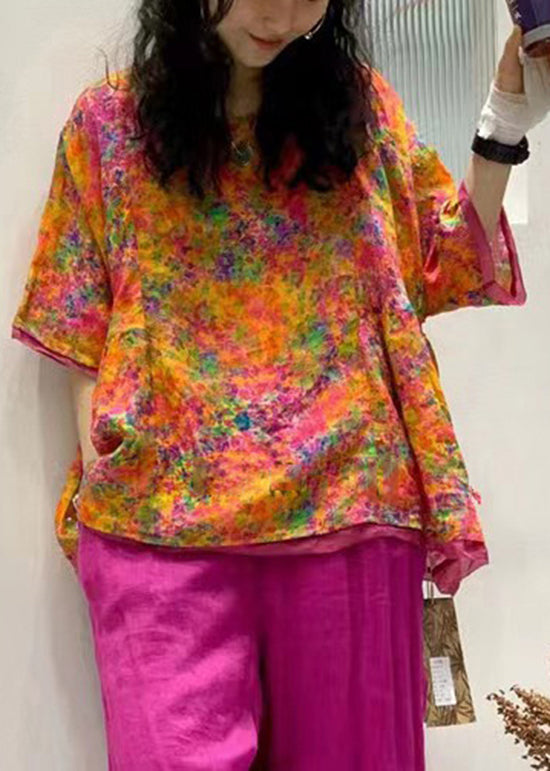 Orange O Neck Print Patchwork Linen Blouse Tops Summer