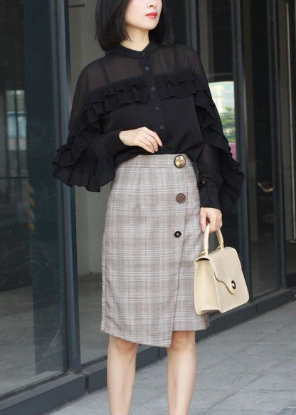 French Grey High Waist Asymmetrical Plaid Cotton Skirts Fall