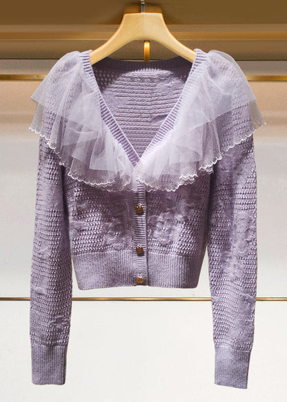 French Beige Tulle Ruffled Patchwork Knit Cardigans Spring