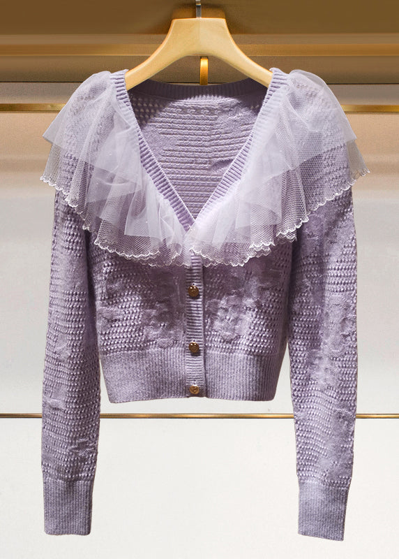 French Beige Tulle Ruffled Patchwork Knit Cardigans Spring