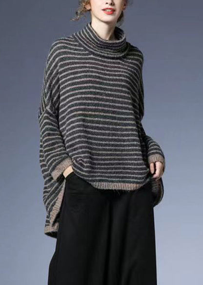Striped Low High Design Cotton Knit Sweaters Batwing Sleeve