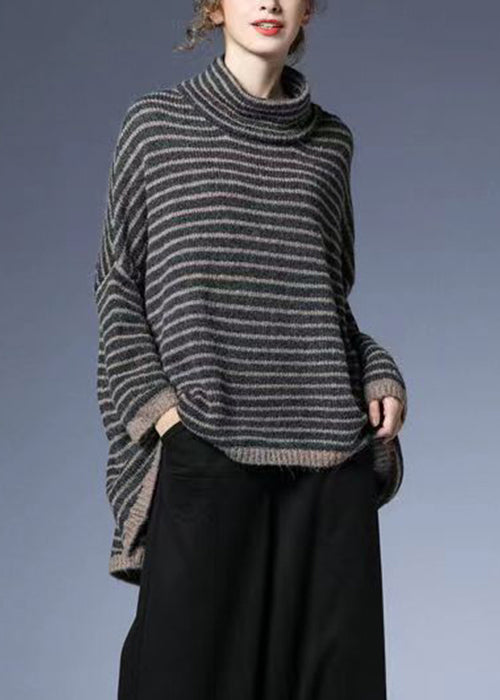 Striped Low High Design Cotton Knit Sweaters Batwing Sleeve
