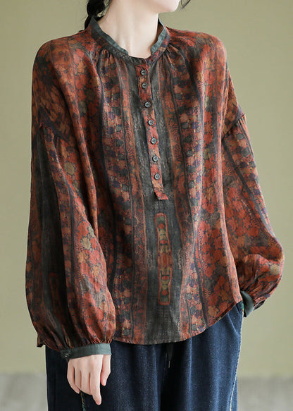 Orange Stand Collar Print Button Linen Shirts Long Sleeve