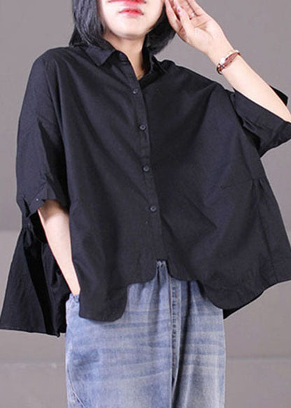 Khaki Peter Pan Collar Asymmetrical Design Patchwork Wrinkled Cotton Shirt Tops Short Sleeve