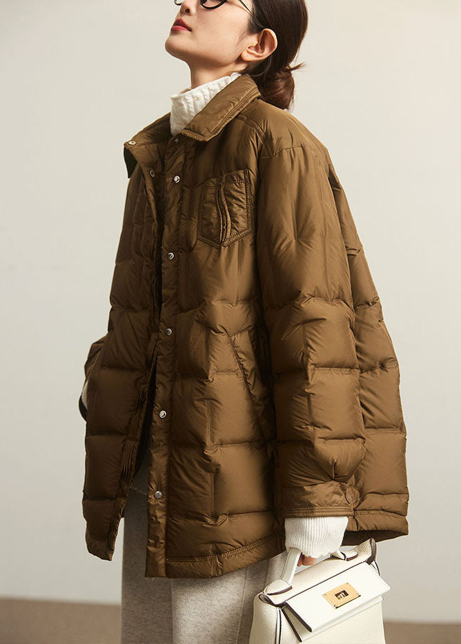 Coffee Peter Pan Collar Zippered Patchwork Button Duck Down Jackets Winter