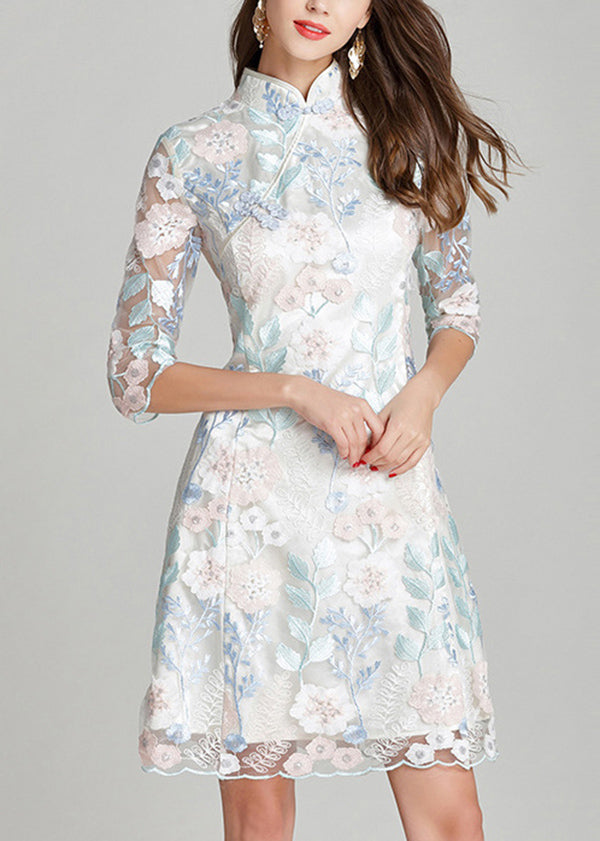 White Stand Collar Embroidered Silk Mid Dresses Summer