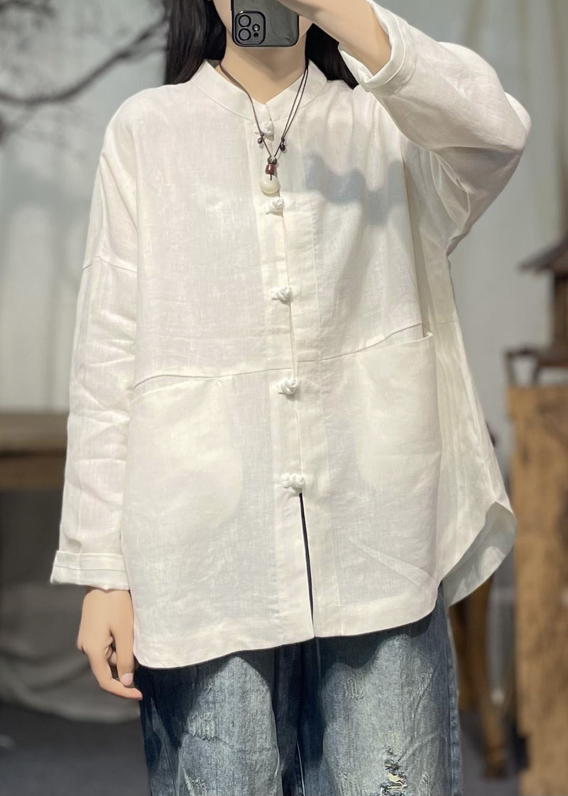 White Stand Collar Pockets Patchwork Linen Shirts Spring