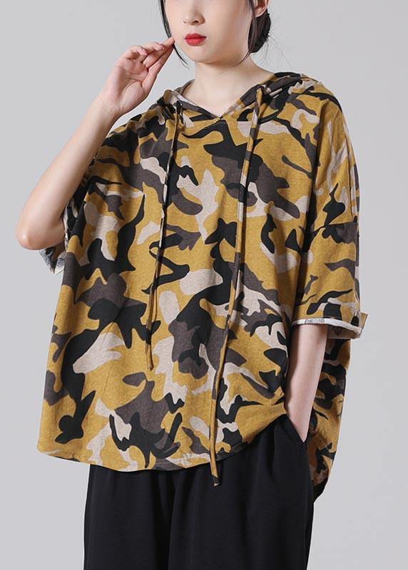 Yellow Camouflage Hooded Cotton Summer Blouses