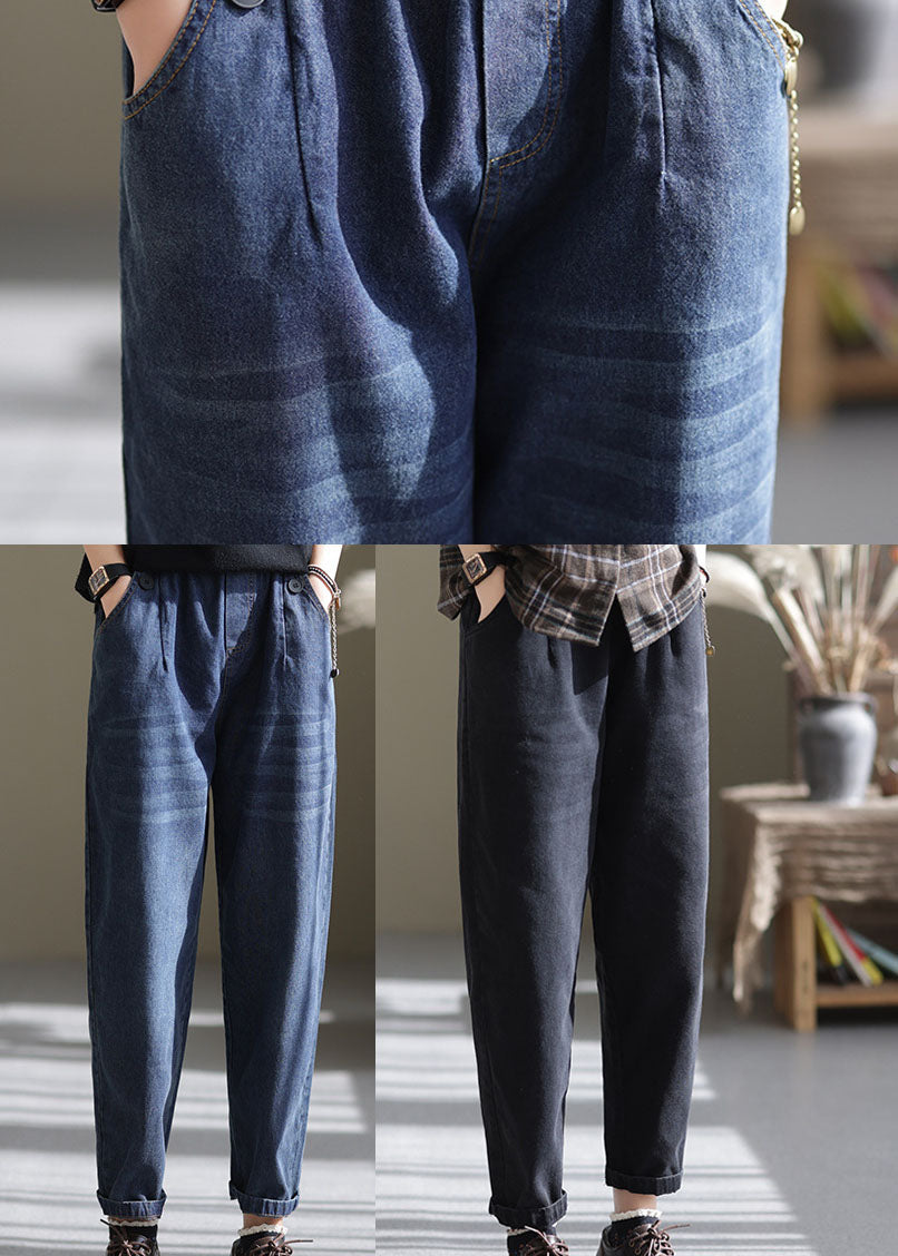 Blue Elastic Waist Pockets Harem Pants Spring