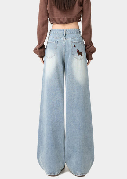 Light Blue Little Dogs Embroidered High Waist Warm Fleece Jeans Spring