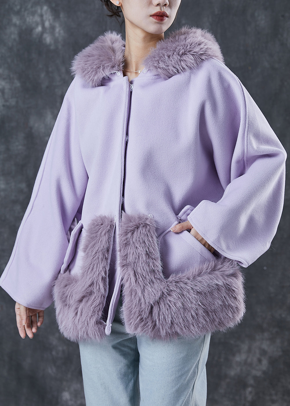 Stylish Purple Hooded Patchwork Woolen Jackets Spring