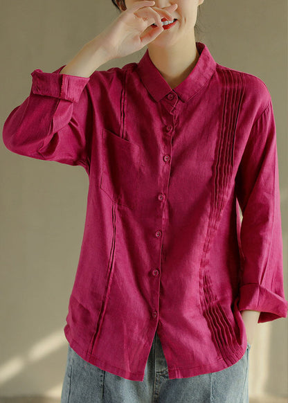 Green Cotton Blend Blouse Tops Button Asymmetrical Design Long Sleeve