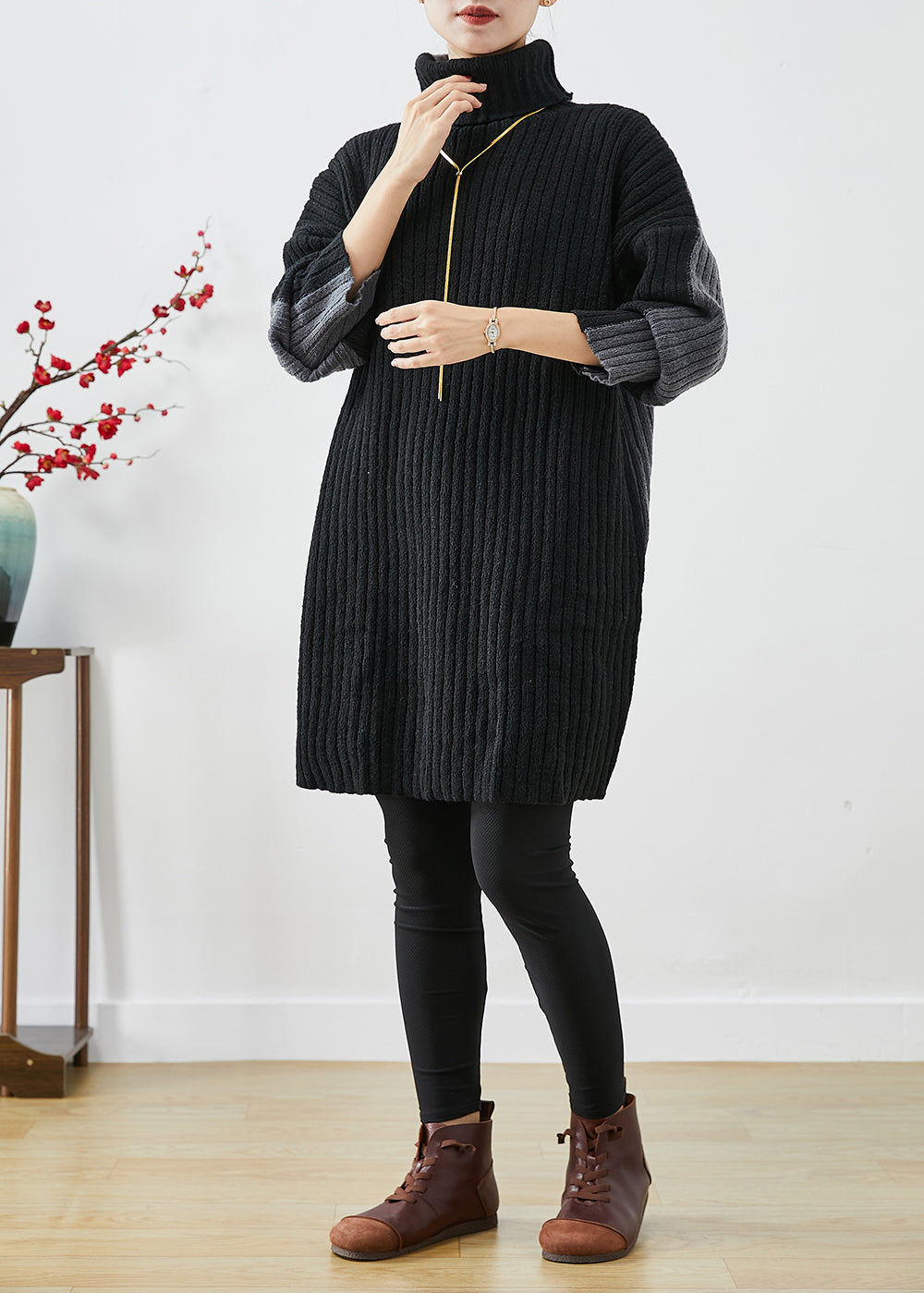 Italian Black Grey Turtle Neck Patchwork Knit Wear on Both Sides Sweater Dress Winter